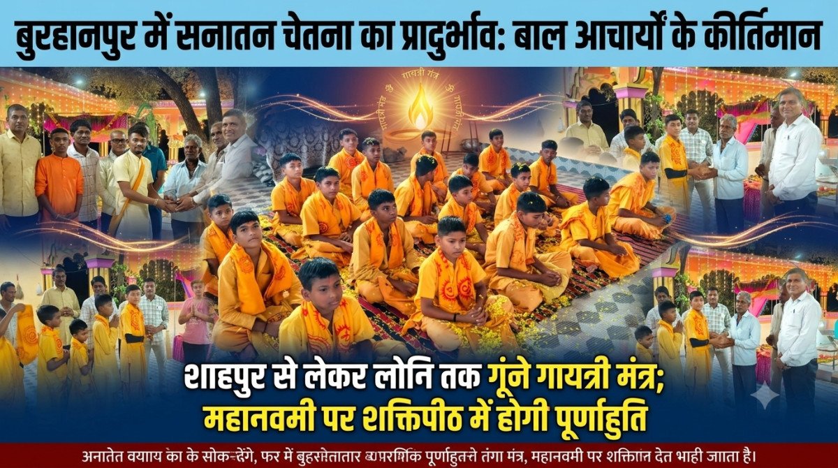 बुरहानपुर में सनातन चेतना का प्रादुर्भाव: बाल आचार्यों के कीर्तिमान से अंचल अभिमंत्रित, शाहपुर से लेकर लोनि तक गूंजे गायत्री मंत्र; महानवमी पर शक्तिपीठ में होगी पूर्णाहुति